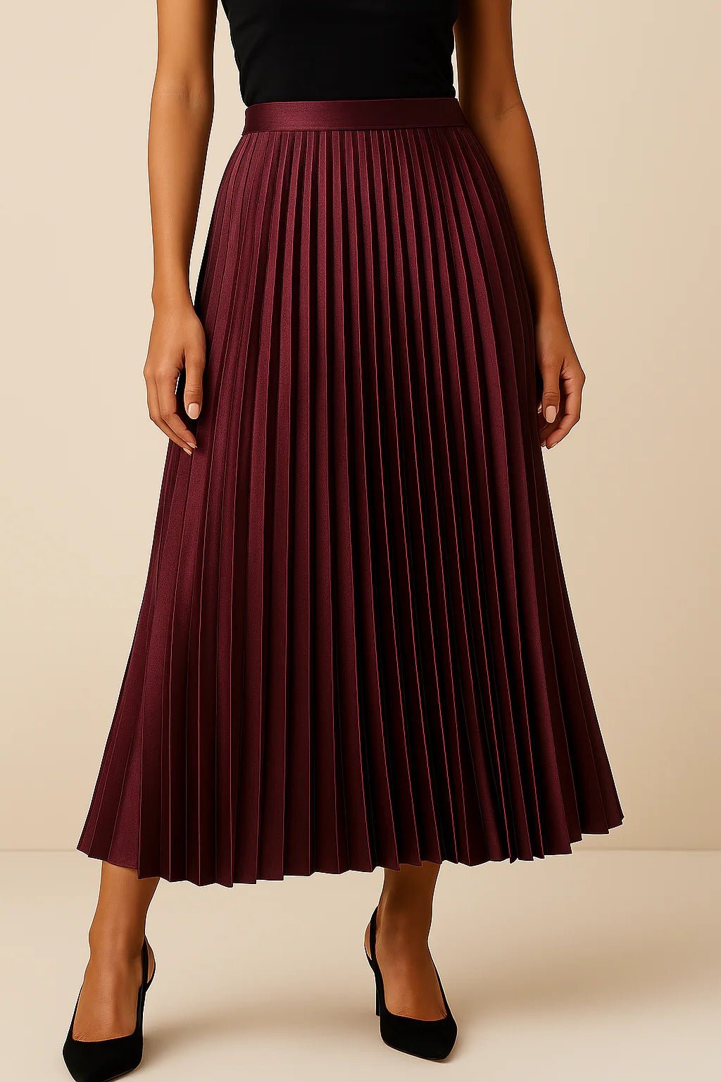 Women's Faux Leather Pleated Midi Skirt - Maroon