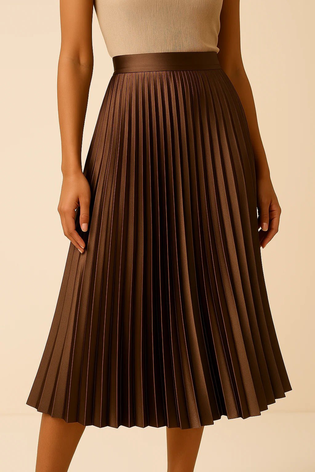 Women's Faux Leather Pleated Midi Skirt - Brown