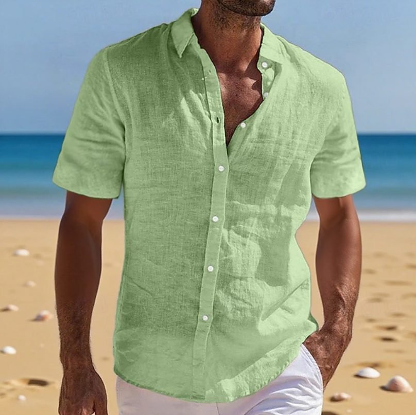 Men's Linen Short-Sleeve Shirt - Light Green