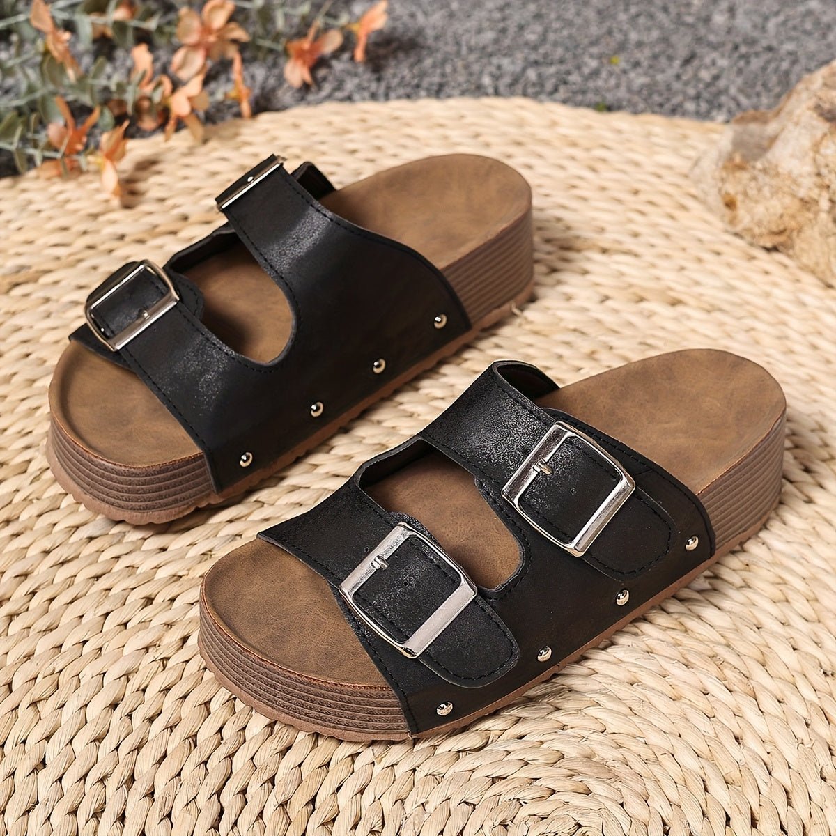 Women's Platform Faux Leather Sandals - Black