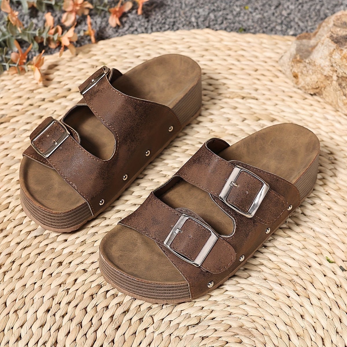 Women's Platform Faux Leather Sandals - Coffee