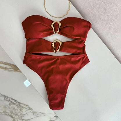 Strapless One Piece Swimsuit - Crimson