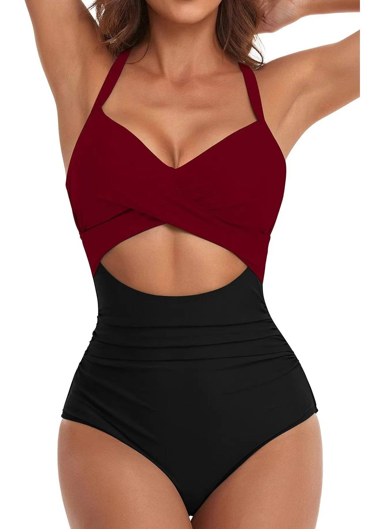 Women's Cutout One-Piece Swimsuit - Red Black