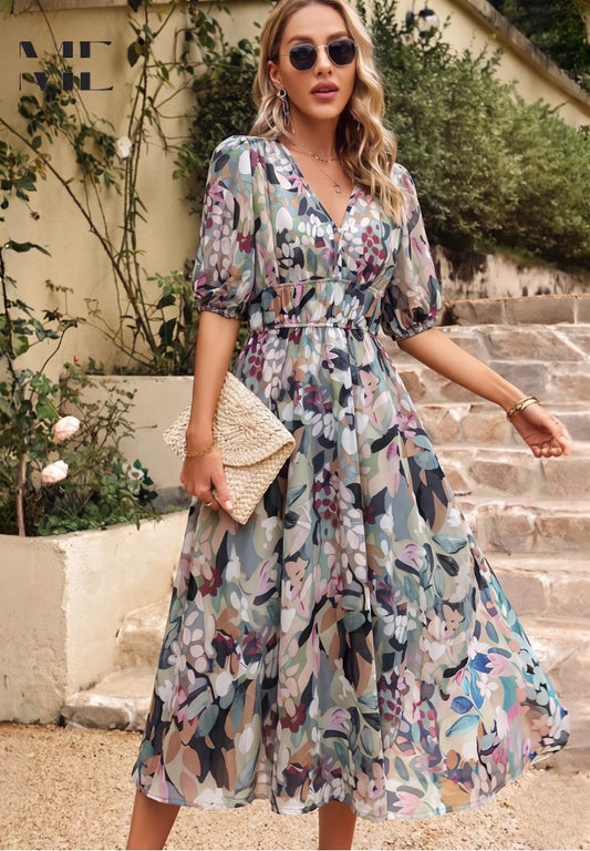 Floral Puff Sleeve Midi Dress - Floral