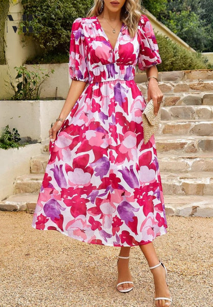 Floral Puff Sleeve Midi Dress