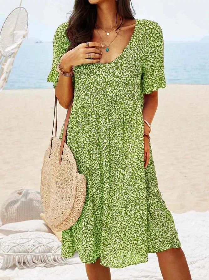 Summer Floral Midi Dress - Light Green