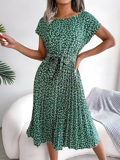Floral Pleated Midi Dress - Green