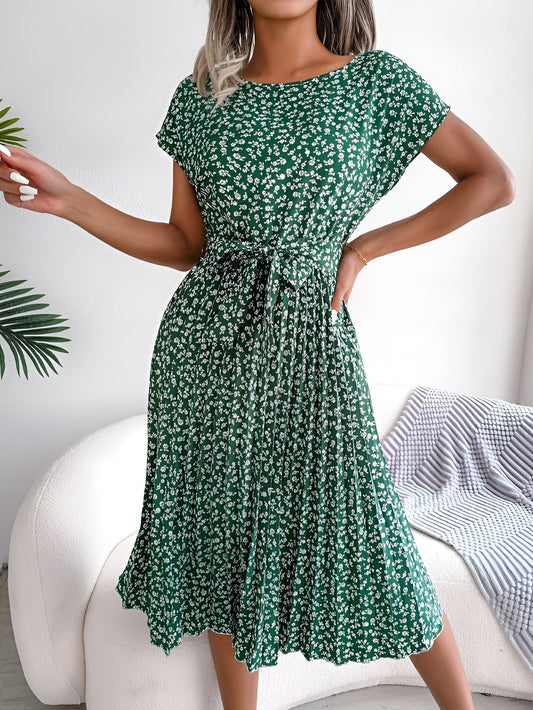 Floral Pleated Midi Dress - Green
