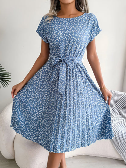 Floral Pleated Midi Dress - Light Blue