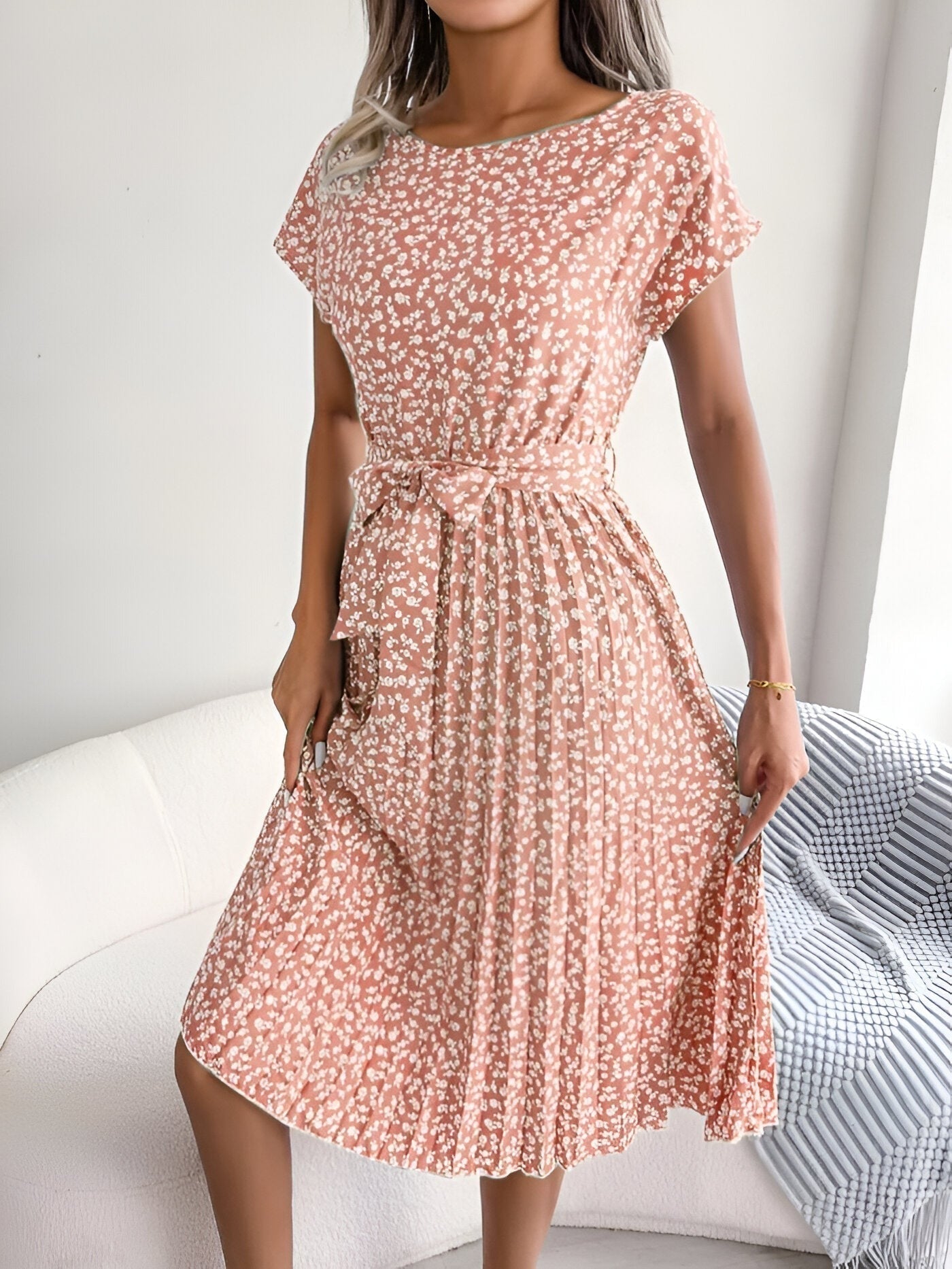 Floral Pleated Midi Dress - Lotus Pink
