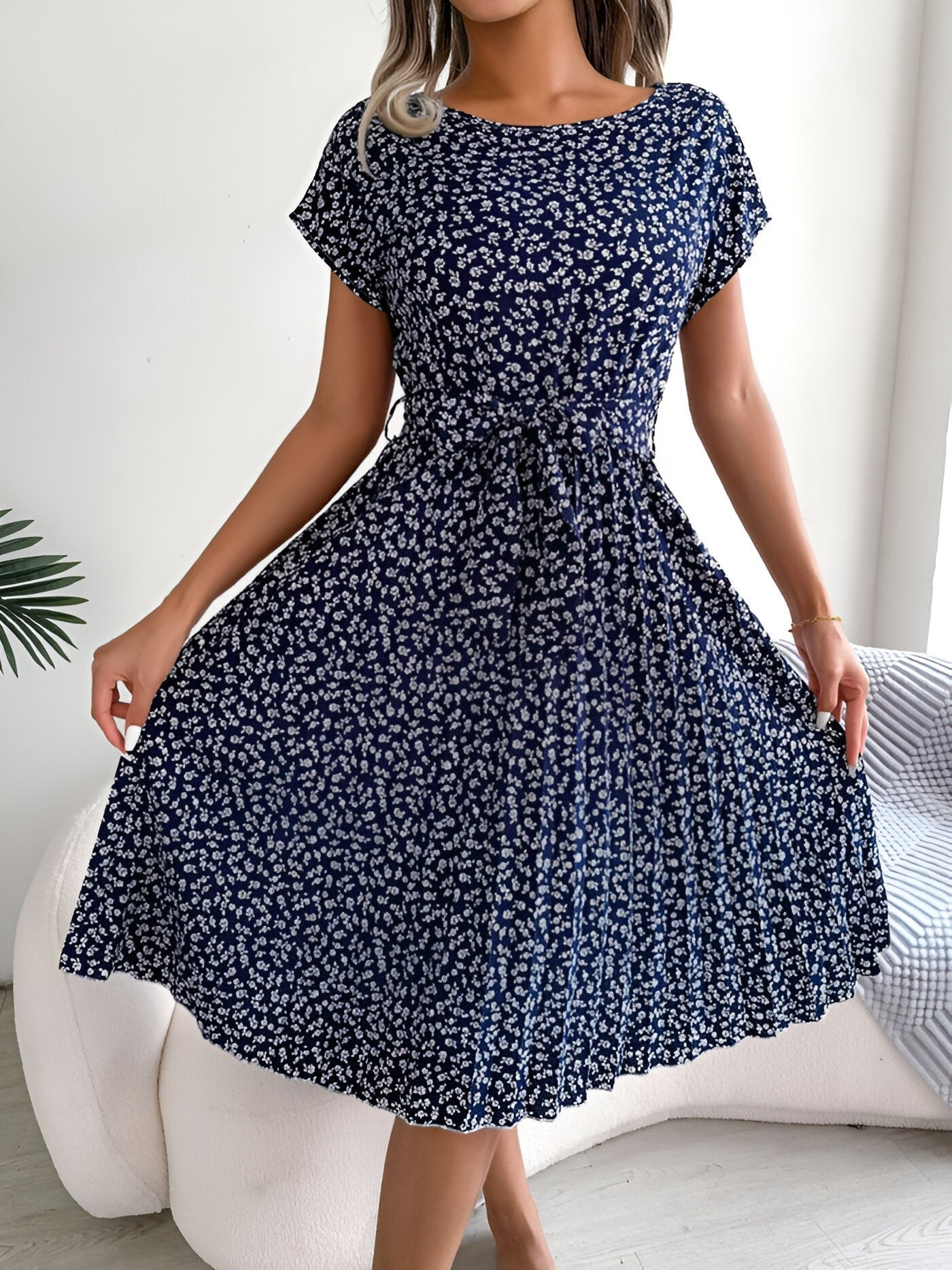 Floral Pleated Midi Dress - Navy Blue