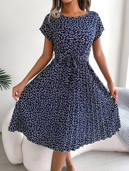 Floral Pleated Midi Dress - Navy Blue