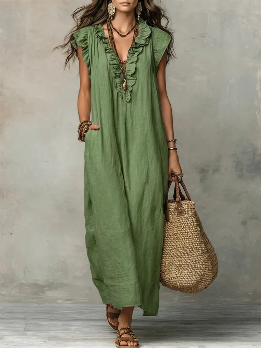 Women's Flowy V-Neck Maxi Dress - Green