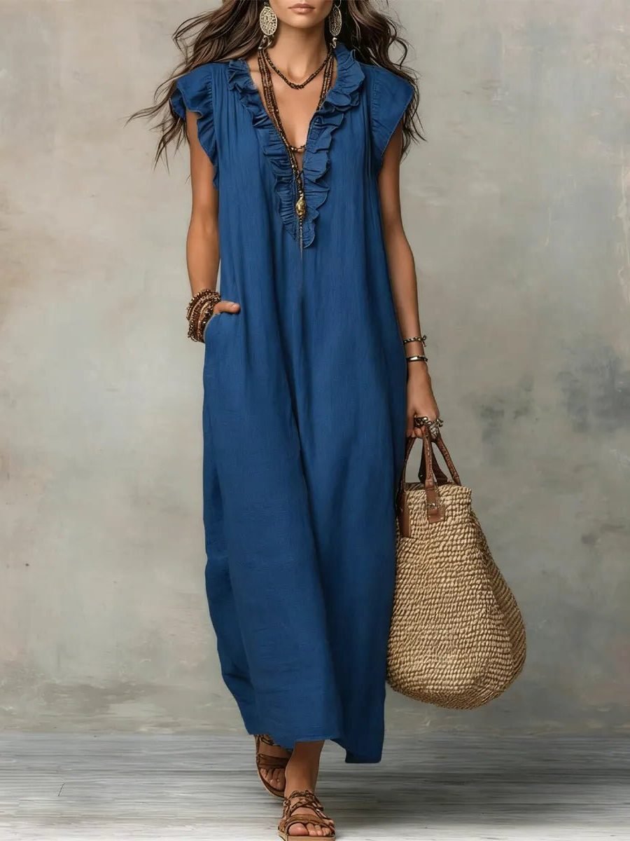 Women's Flowy V-Neck Maxi Dress - Blue