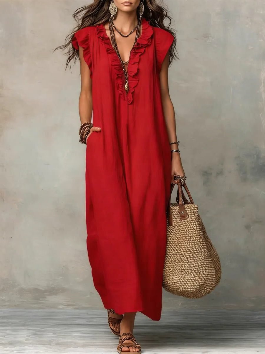 Women's Flowy V-Neck Maxi Dress - Red