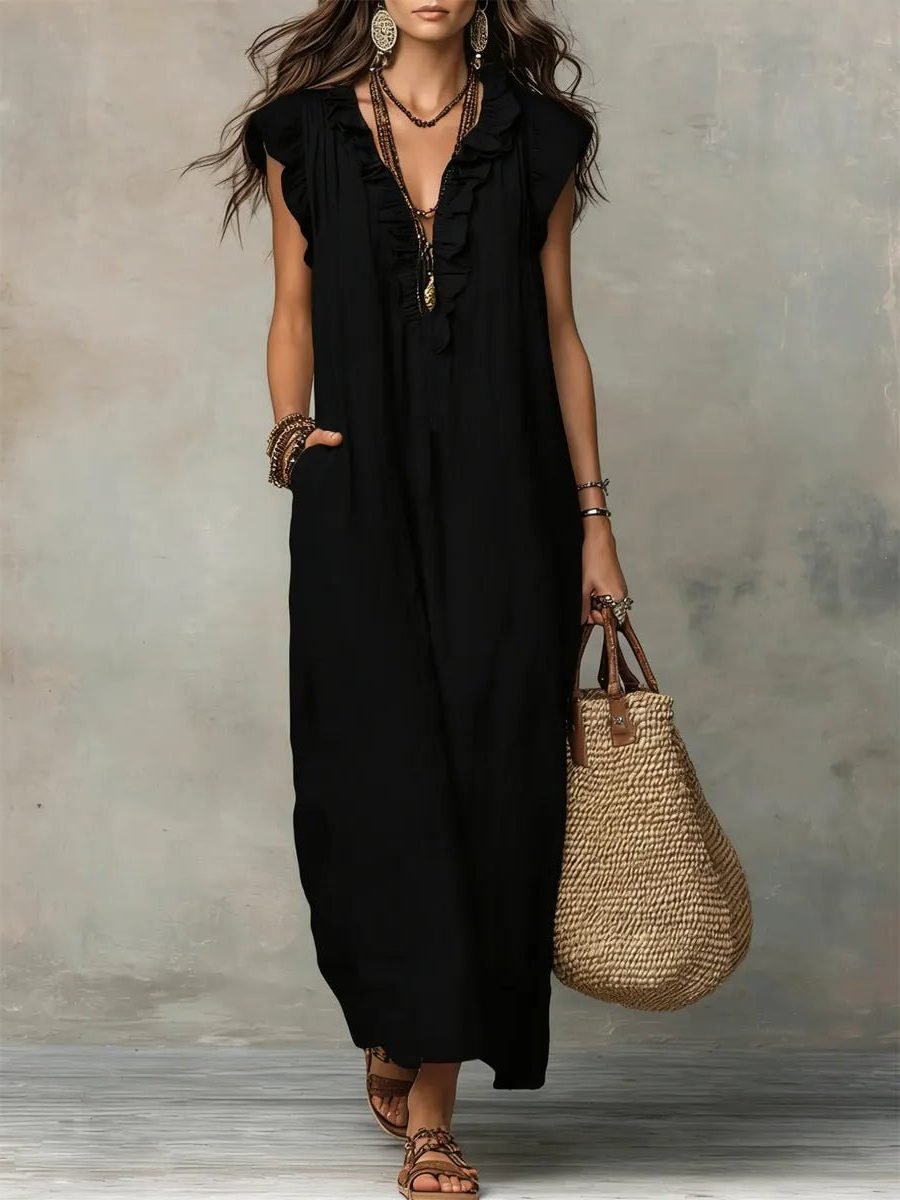 Women's Flowy V-Neck Maxi Dress - Black