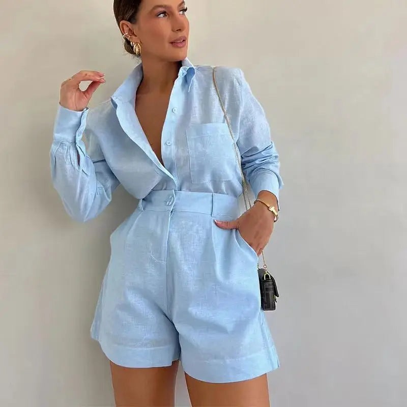 Shirt Shorts Two Piece Set - Light Blue