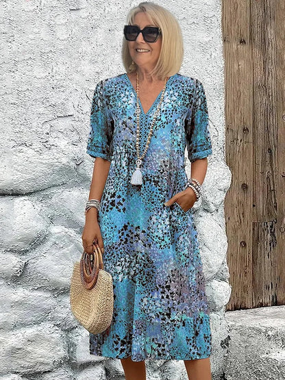 Short Sleeve Floral Midi Dress - Ocean Blue