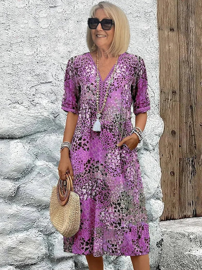 Short Sleeve Floral Midi Dress - Lavender Purple