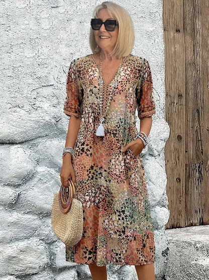 Short Sleeve Floral Midi Dress - Sandy Beige