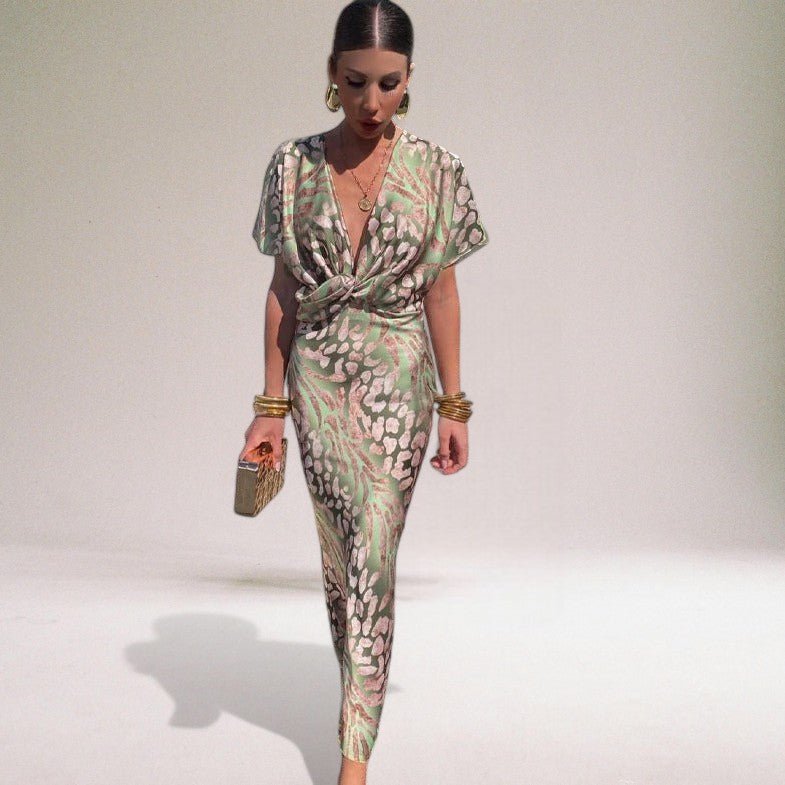Women's Leopard Satin Maxi Dress - Pink