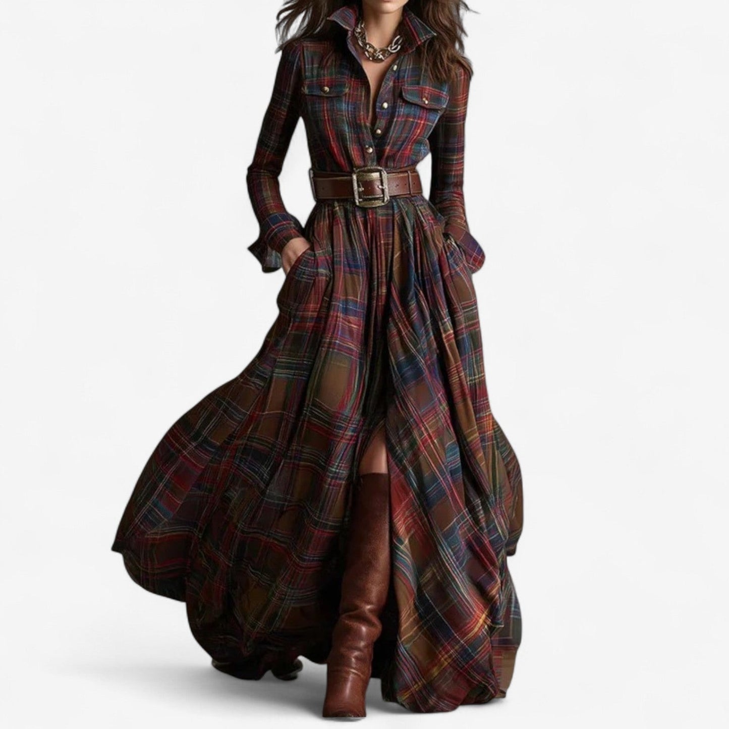 Plaid Maxi Shirt Dress - Red