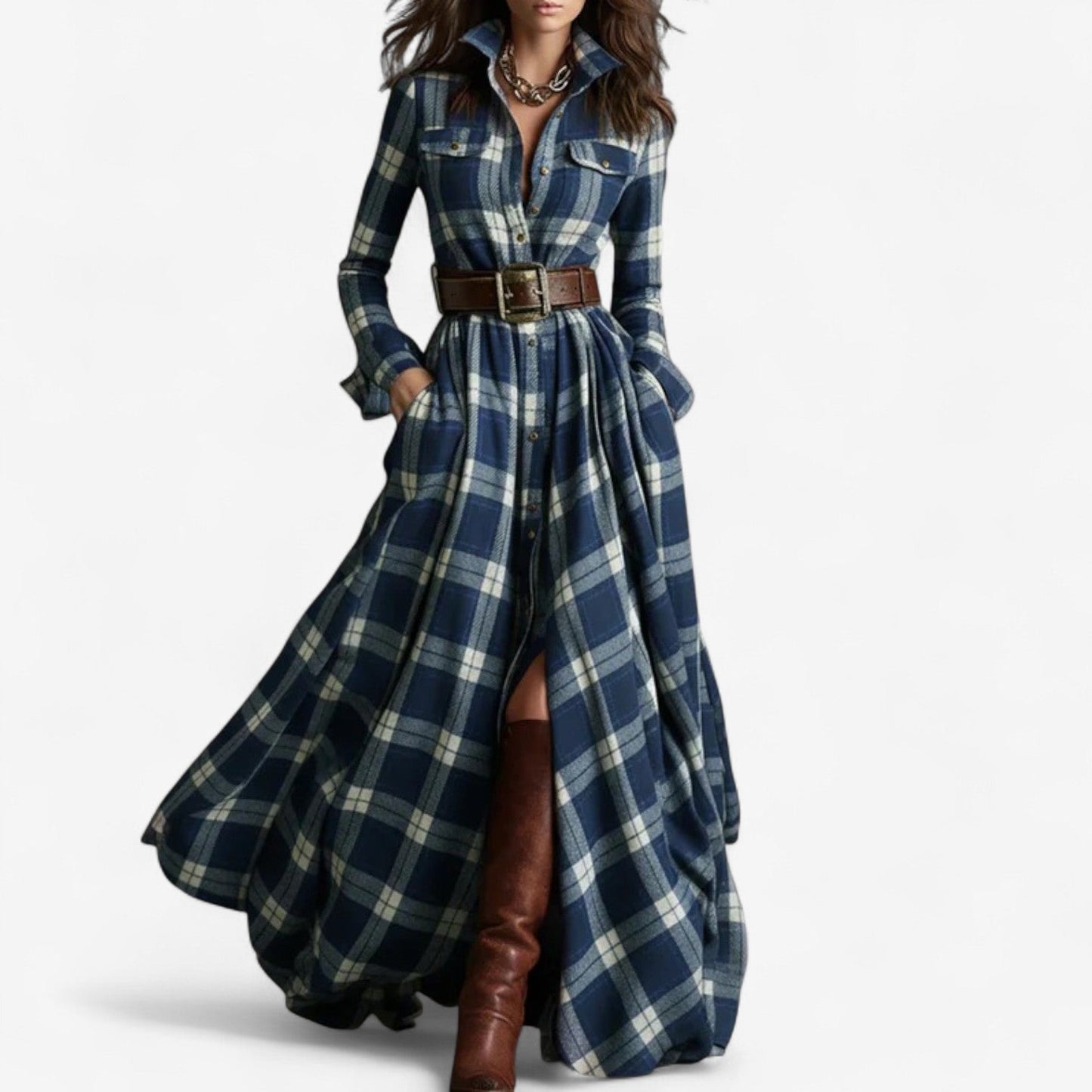 Plaid Maxi Shirt Dress - Blue