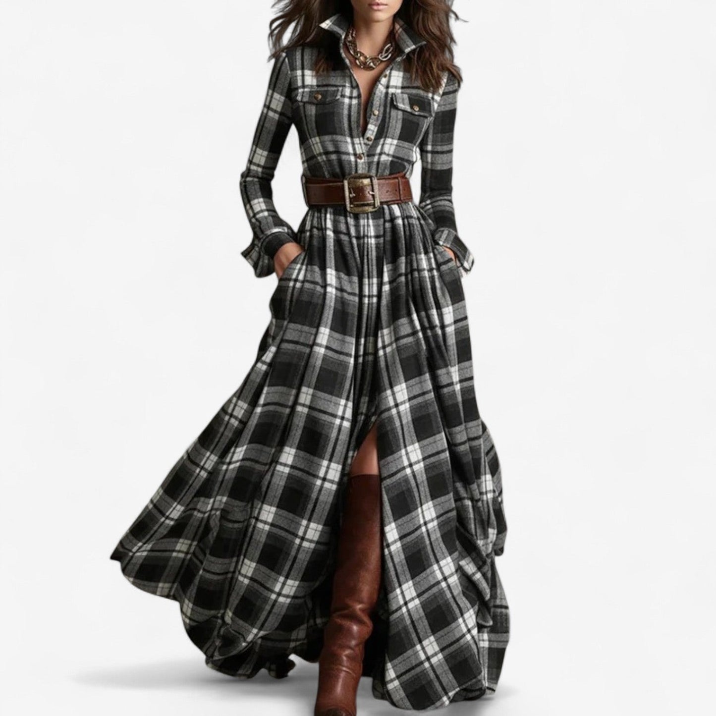 Plaid Maxi Shirt Dress - Black