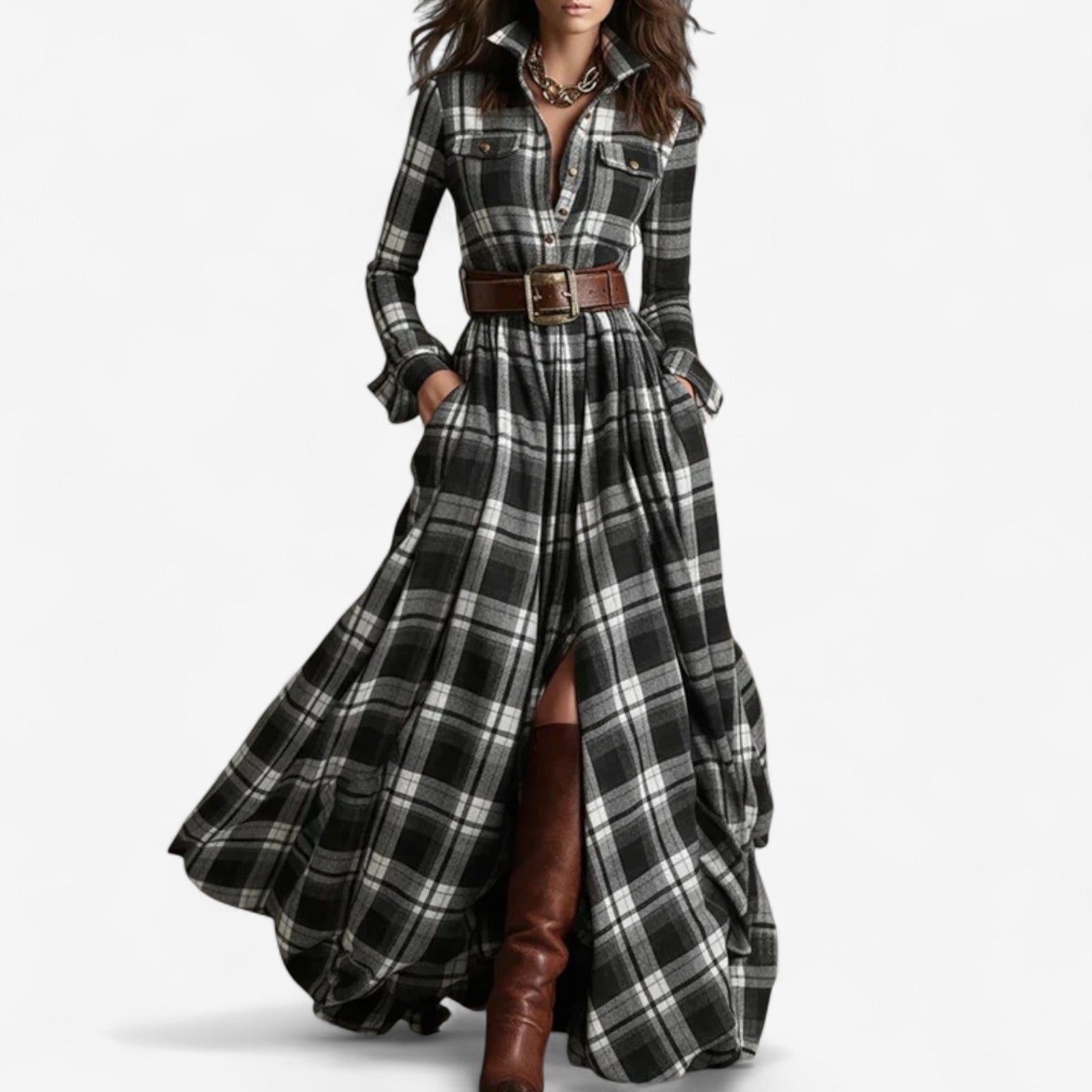 Plaid Maxi Shirt Dress - Black