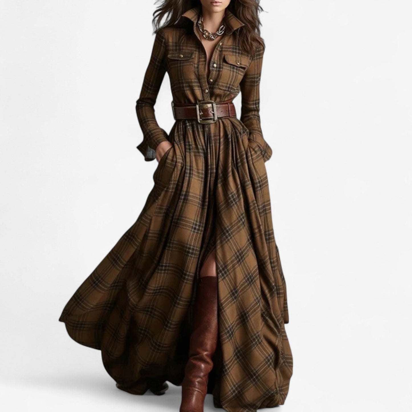 Plaid Maxi Shirt Dress - Brown