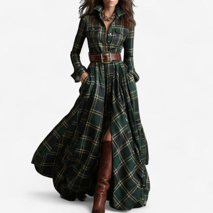 Plaid Maxi Shirt Dress - Green