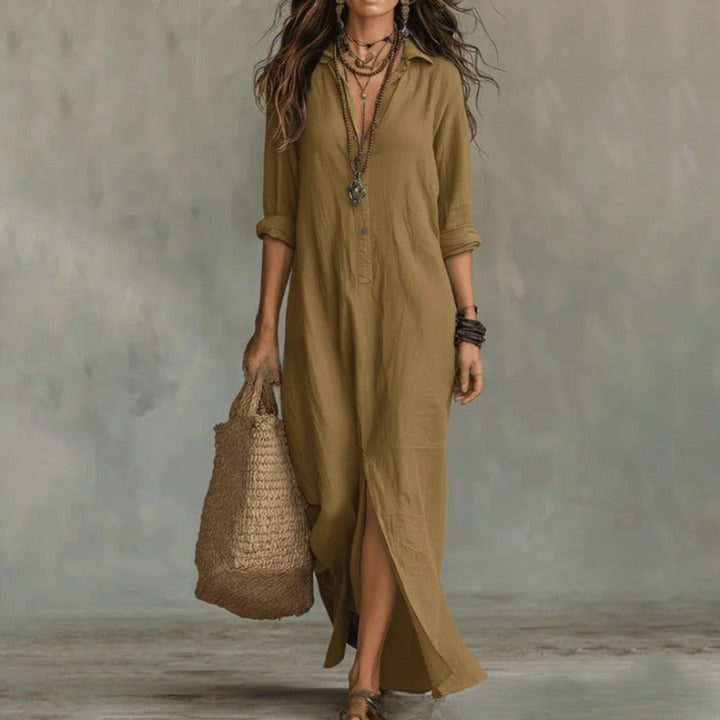 Long Sleeve Maxi Shirt Dress - Khaki