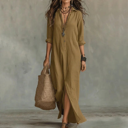Long Sleeve Maxi Shirt Dress - Khaki
