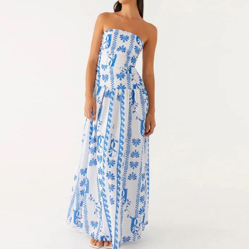 Strapless Floral Maxi Dress - Blue Floral