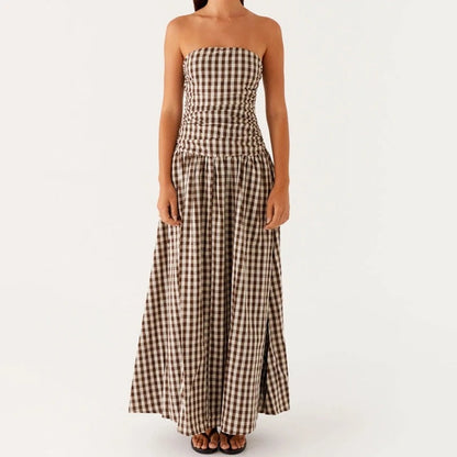 Strapless Floral Maxi Dress - Brown Checkered