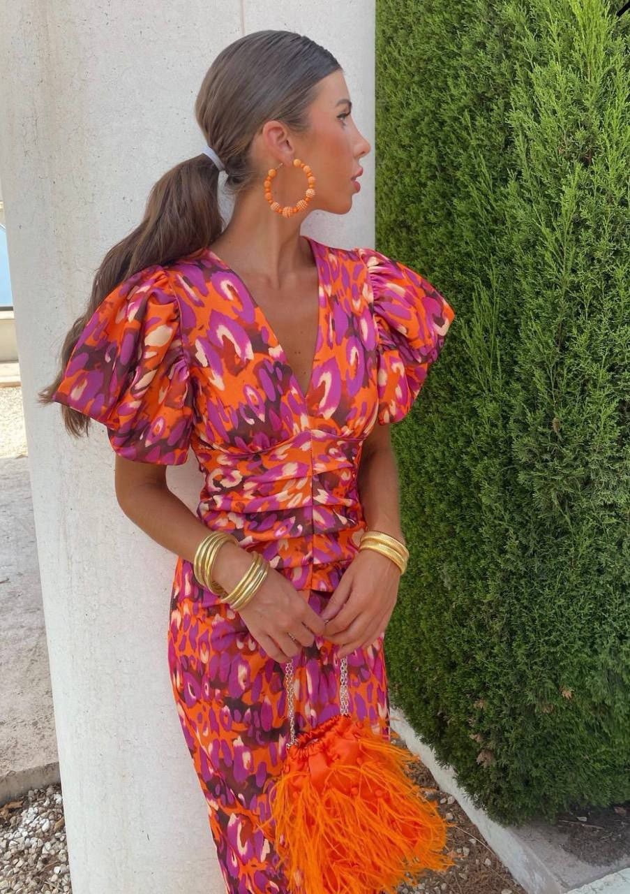 Puff Sleeve Midi Dress - Orange