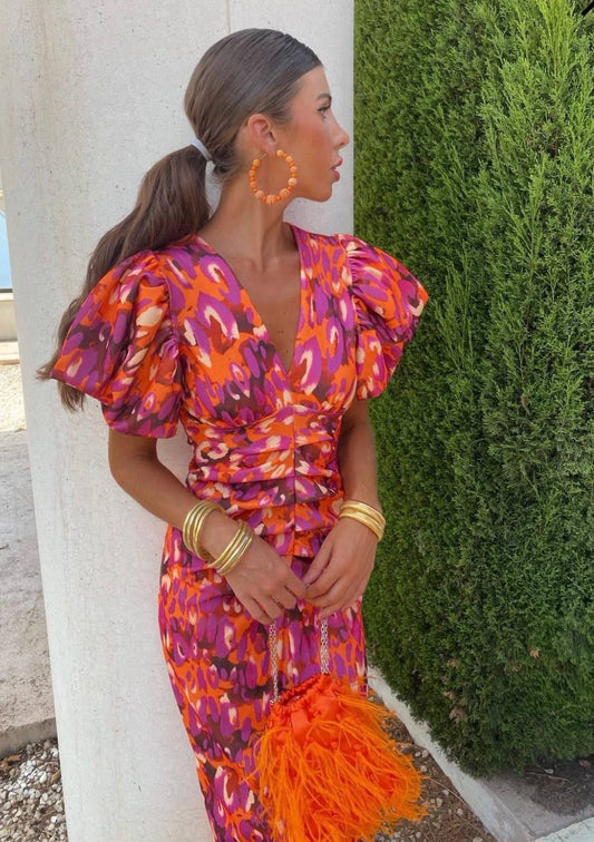 Puff Sleeve Midi Dress - Orange