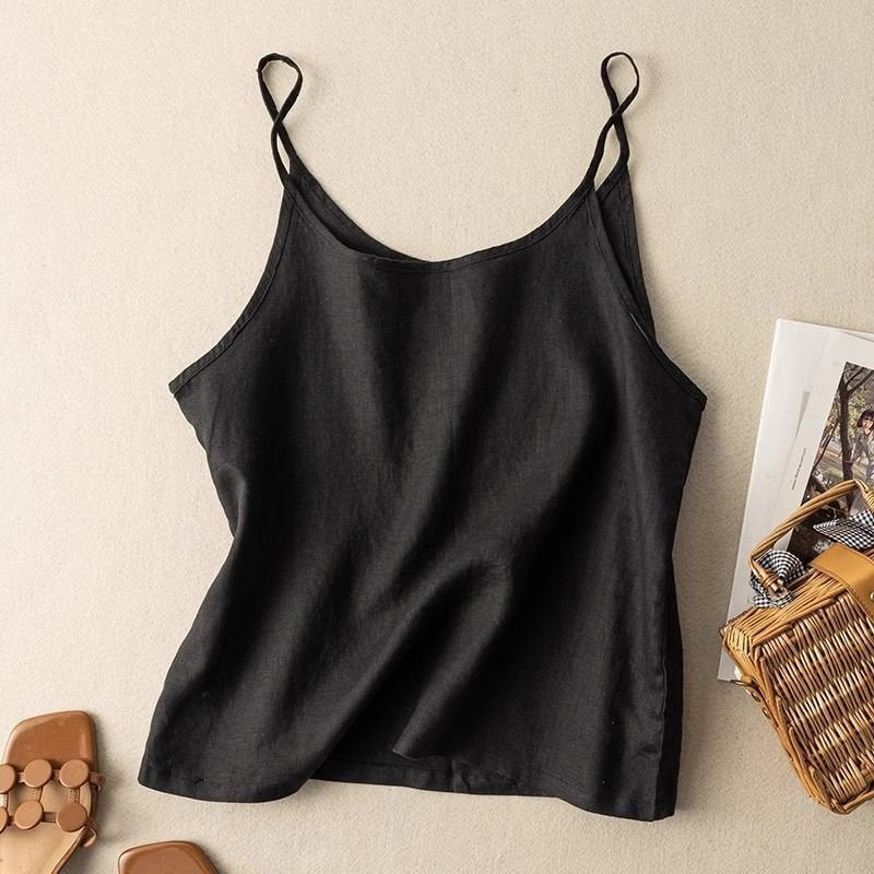 Women's Relaxed Linen Cami Top - Black