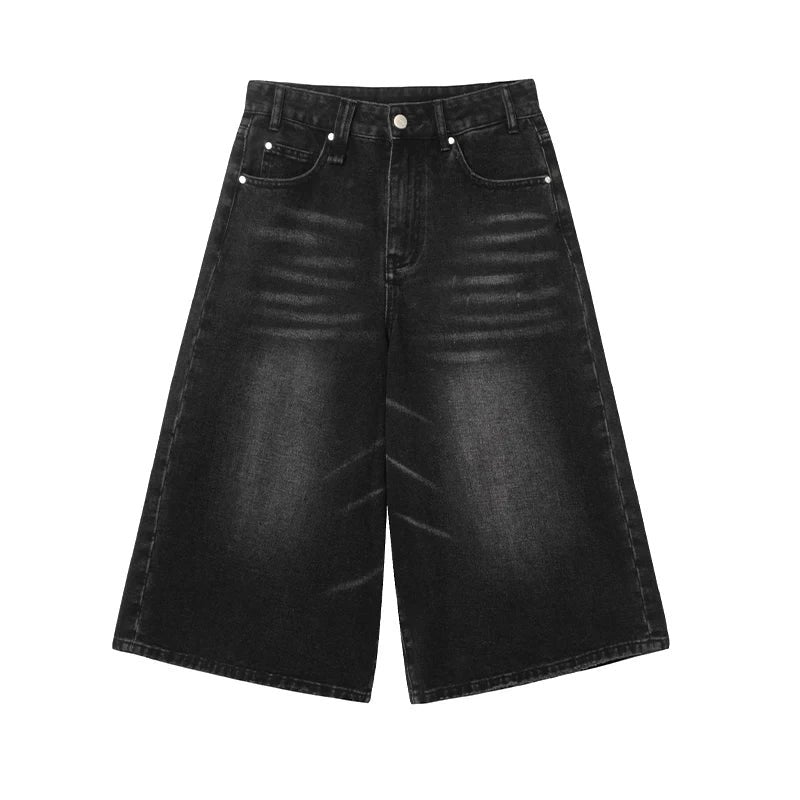 Unisex Wide-Leg Denim Shorts - Black