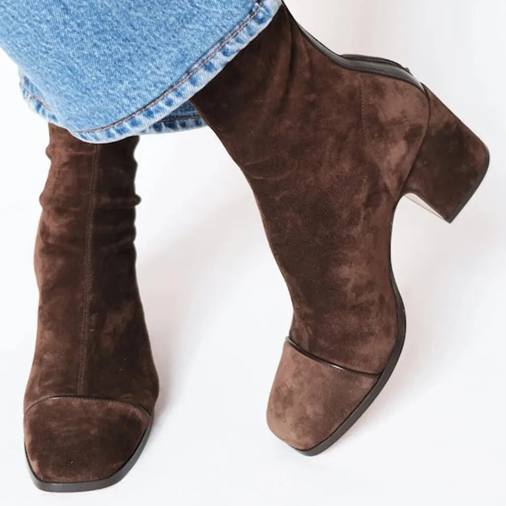 Block Heel Ankle Boots - Brown