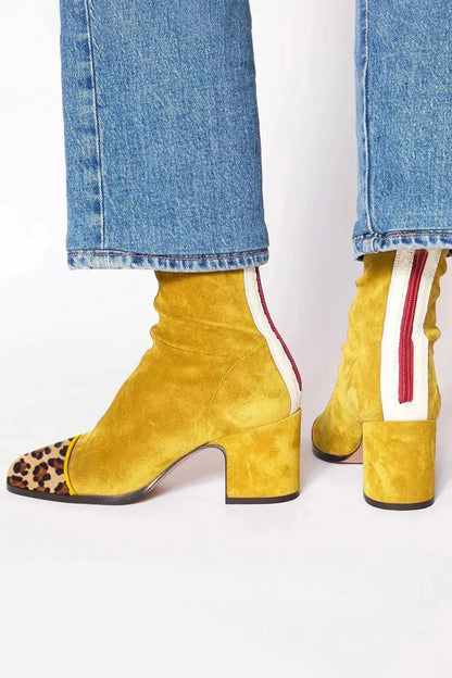 Block Heel Ankle Boots - Yellow