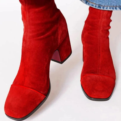 Block Heel Ankle Boots - Red