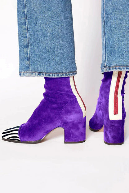 Block Heel Ankle Boots - Purple