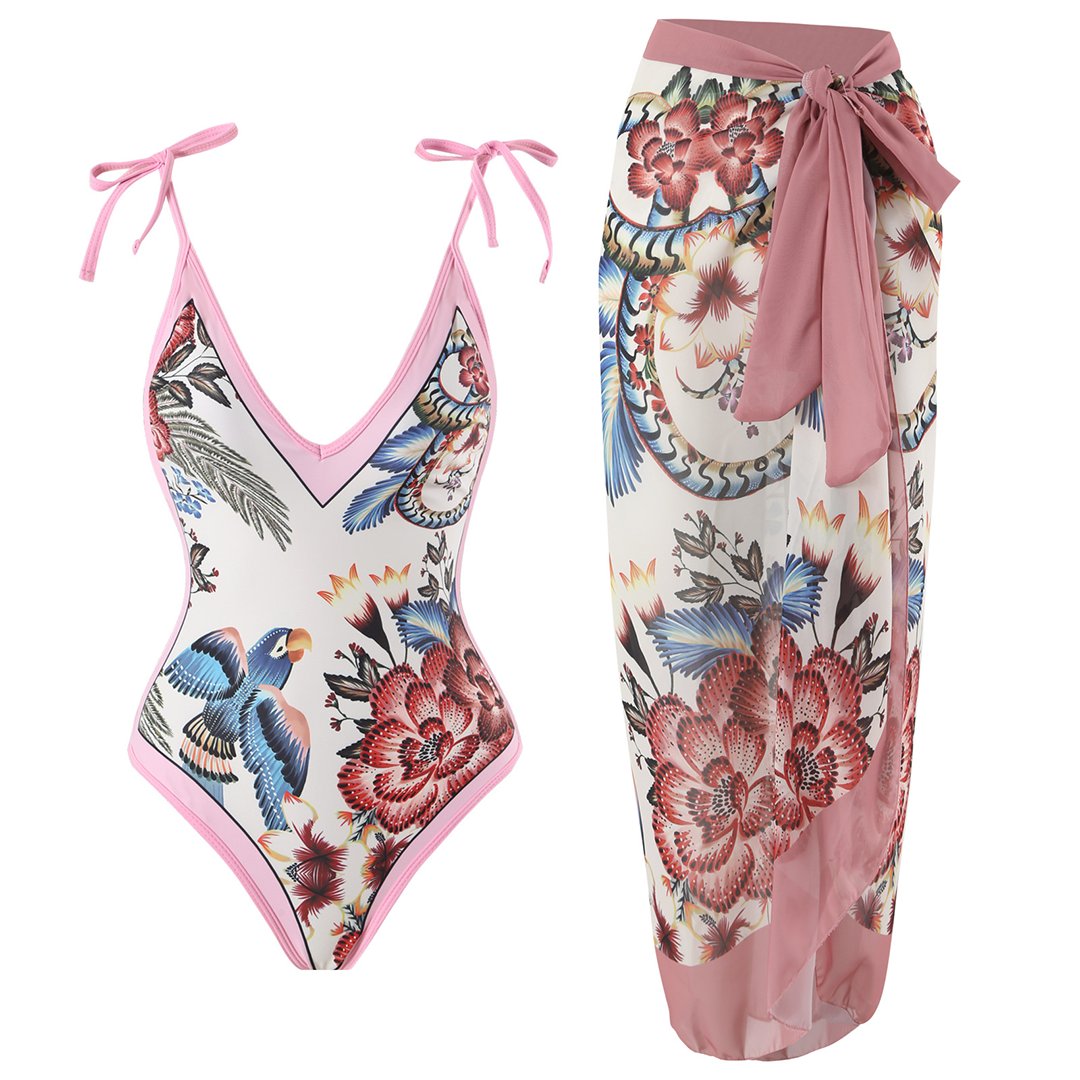 Women's Floral V-Neck One-Piece Swimsuit - Pink