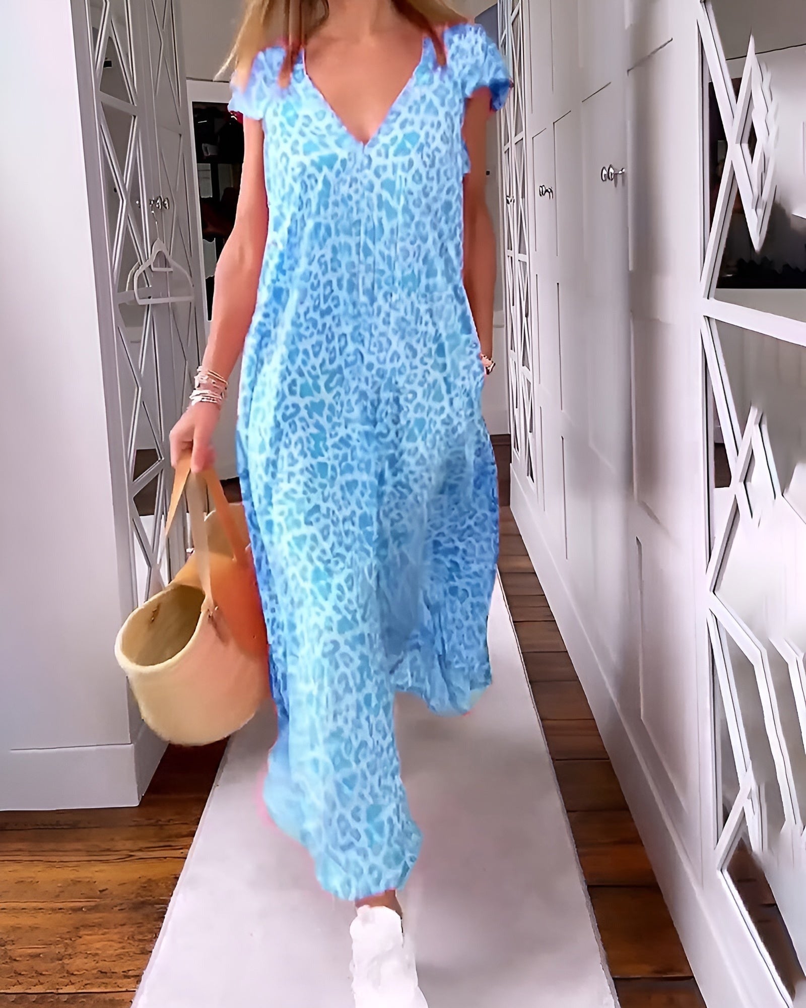 Leopard Print Maxi Dress - Blue