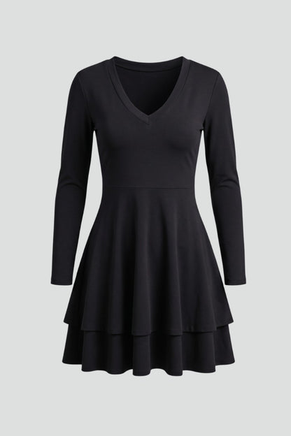 V Neck Long Sleeve Skater Dress
