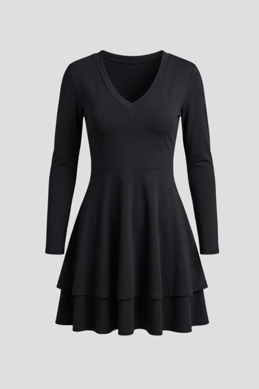 V Neck Long Sleeve Skater Dress