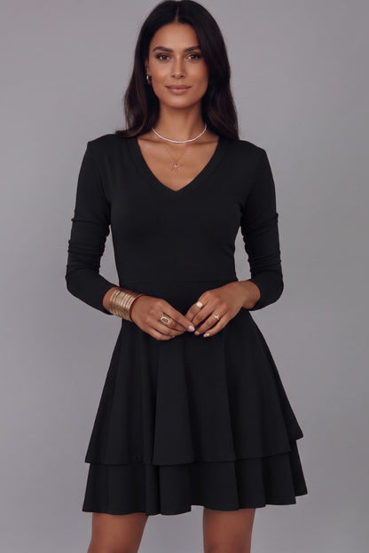 V Neck Long Sleeve Skater Dress - Black
