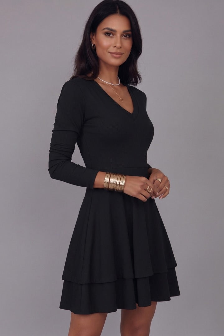 V Neck Long Sleeve Skater Dress