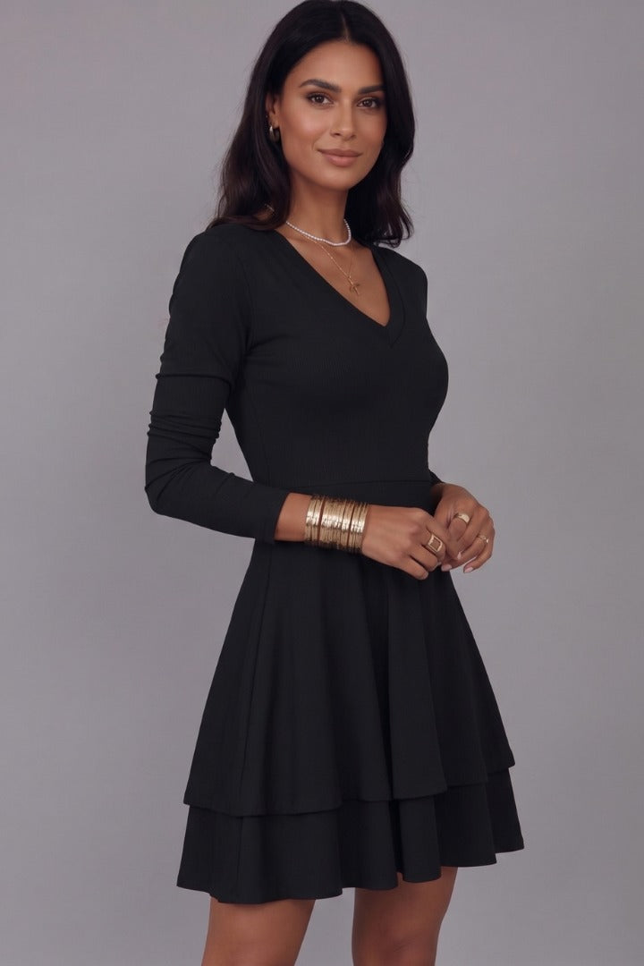 V Neck Long Sleeve Skater Dress